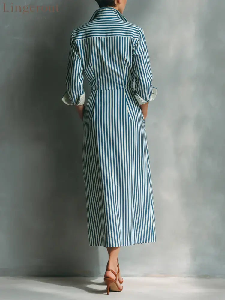 Blue White Vertical Stripe Contrast Red Pocket Midi Shirt Dress