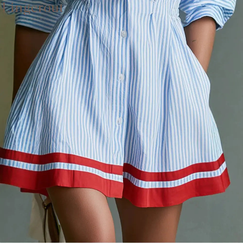Blue White Vertical Stripe Red Contrast Hem Cinched Waist Shirt Mini Dress