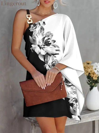 Blue Zone Planet | Print Diagonal Neck Strapless Dress