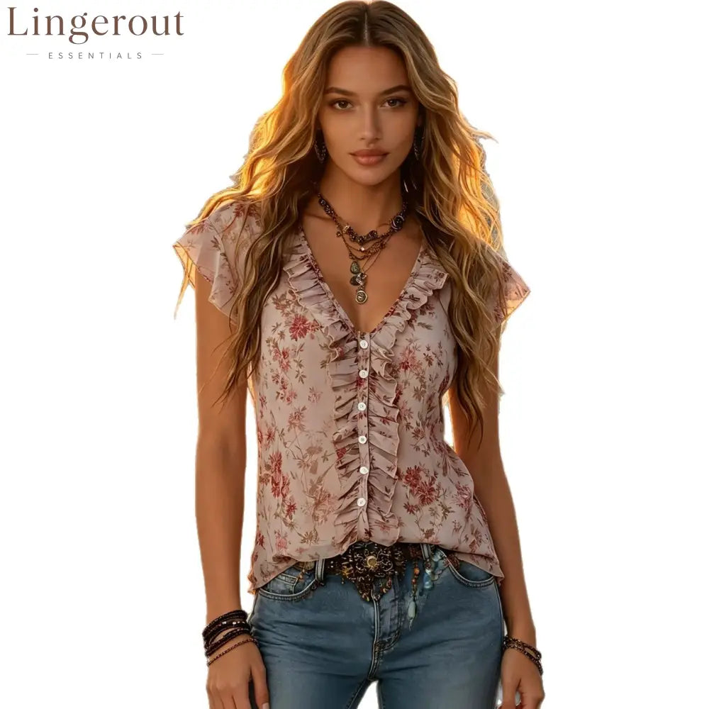 Blush Floral Ruffled Chiffon Blouse
