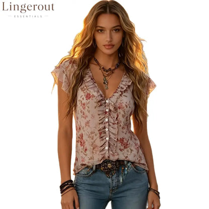Blush Floral Ruffled Chiffon Blouse