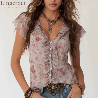 Blush Floral Ruffled Chiffon Blouse - Color / S