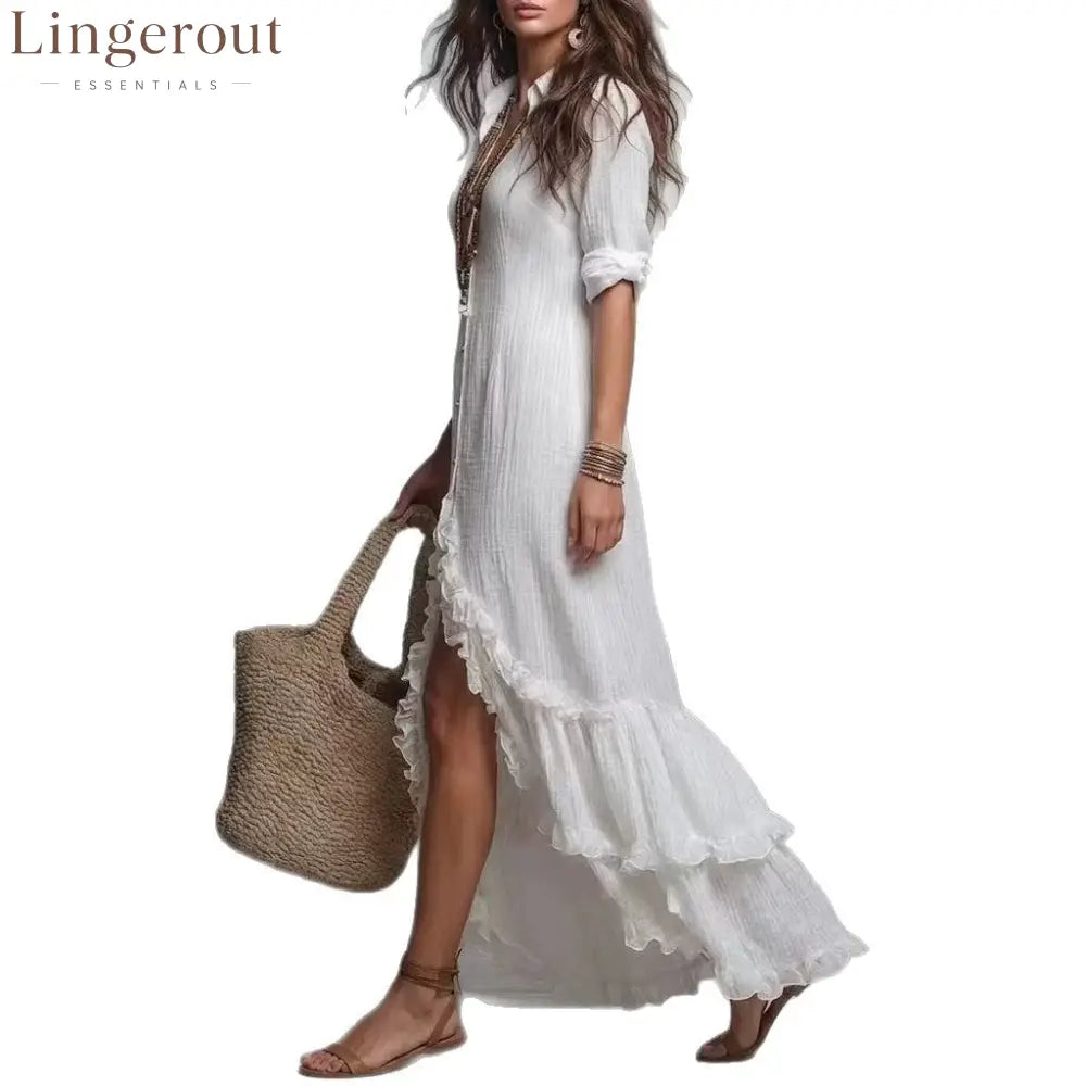 Blush Ruffle Hem Button Down Shirt Maxi Dress