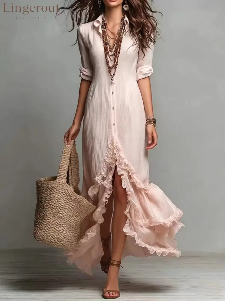 Blush Ruffle Hem Button Down Shirt Maxi Dress - Pink / S