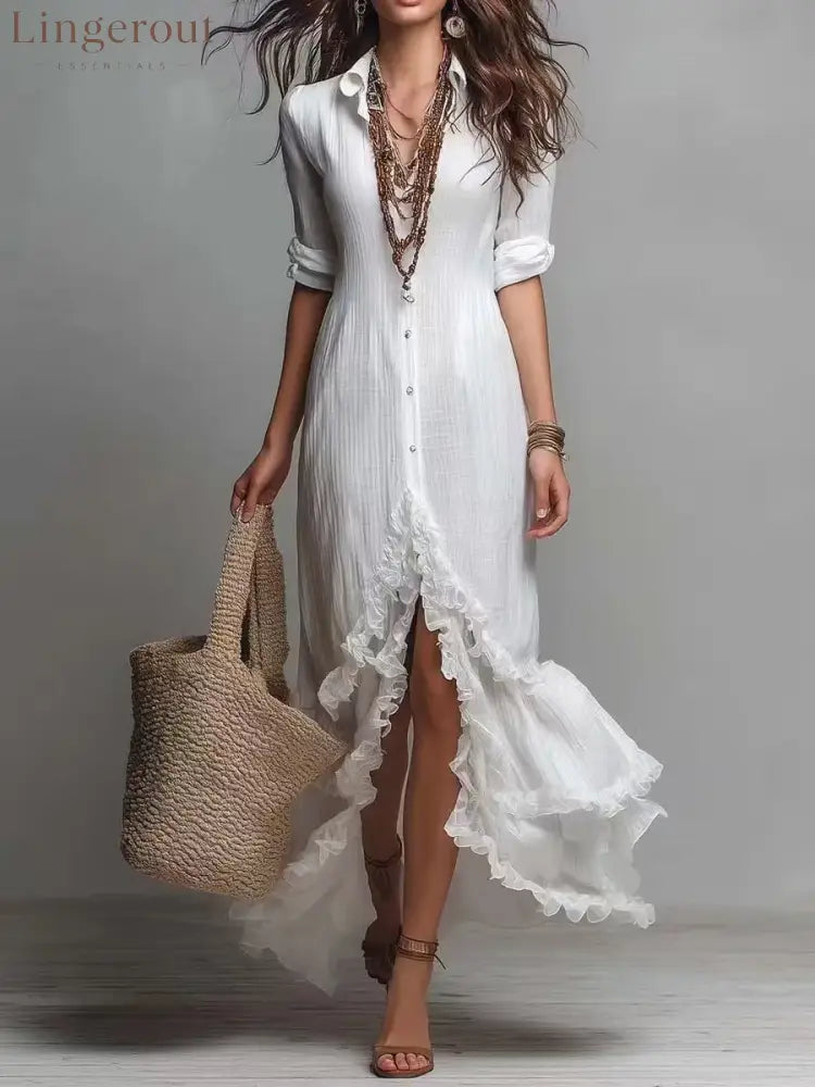 Blush Ruffle Hem Button Down Shirt Maxi Dress - White / S