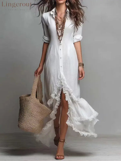 Blush Ruffle Hem Button Down Shirt Maxi Dress - White / S