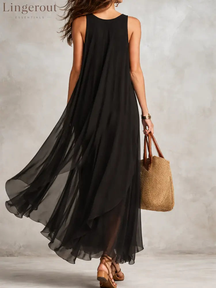 Bohemian Black Layered Chiffon Maxi Dress