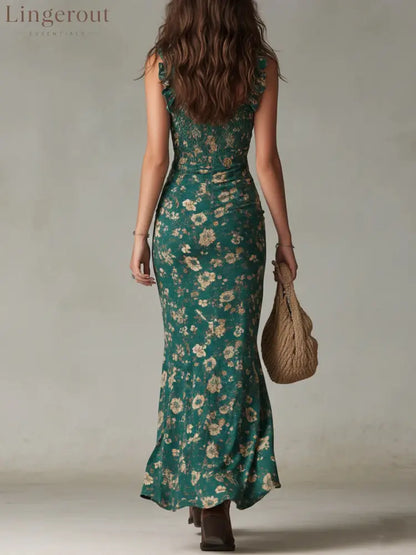 Bohemian Green Printed Maxi Dress with Ruffled Sleeves