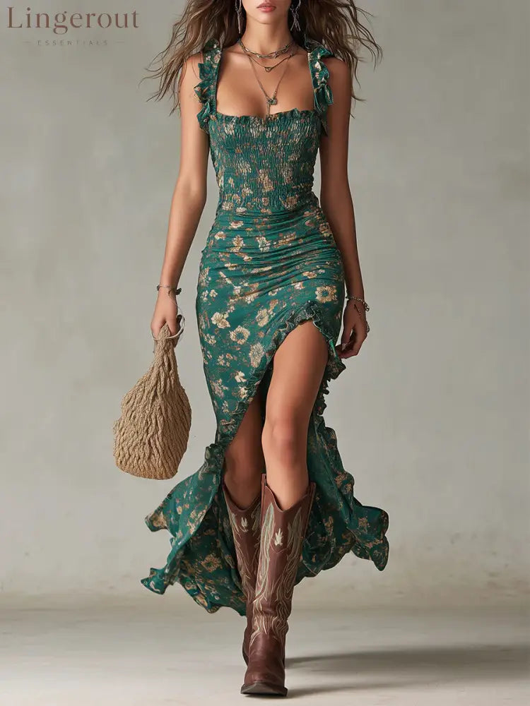Bohemian Green Printed Maxi Dress with Ruffled Sleeves - Green / XS