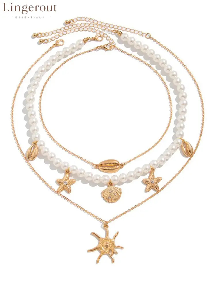 Bohemian Imitation Pearl Holiday Style Retro Starfish Shell Pendant Necklace Set