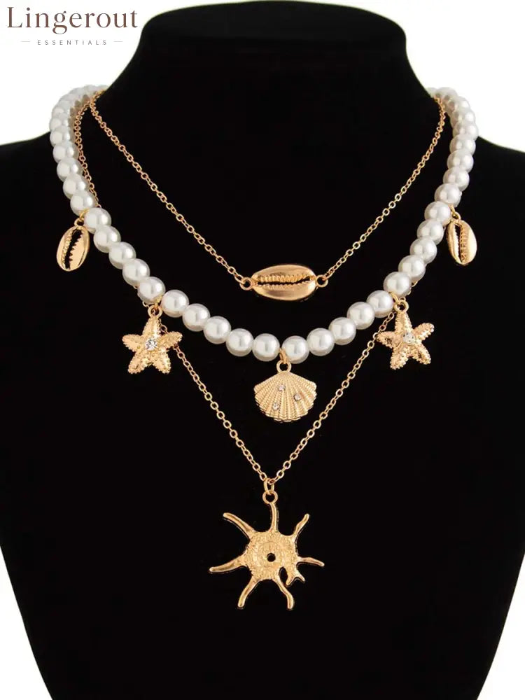 Bohemian Imitation Pearl Holiday Style Retro Starfish Shell Pendant Necklace Set