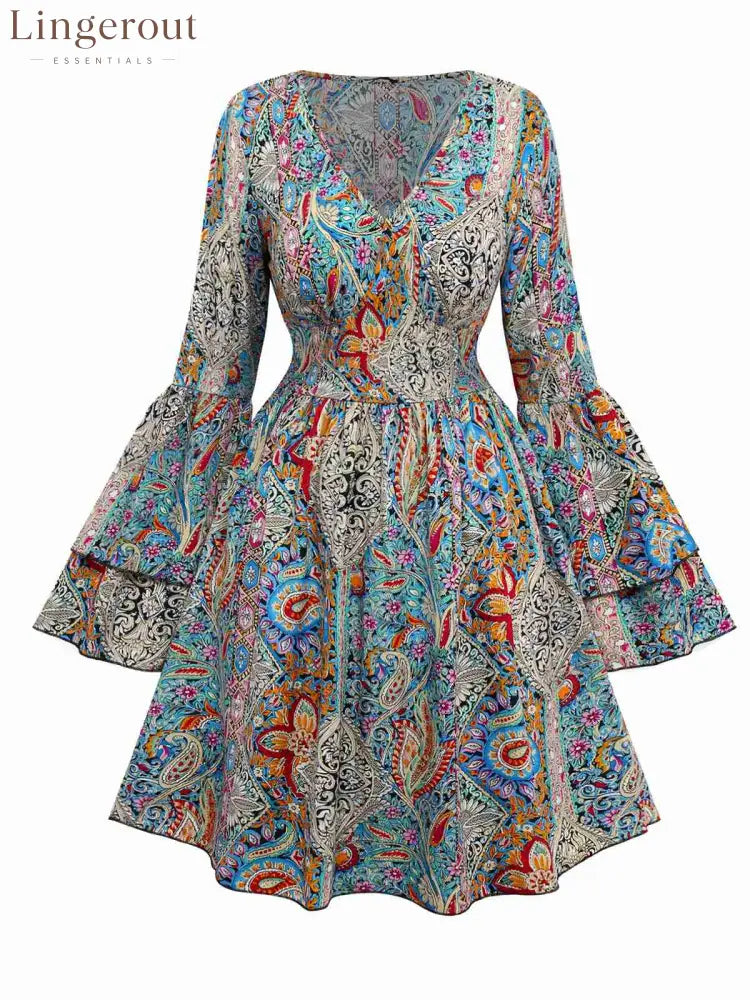 Bohemian Paisley Floral Bell Sleeve Dress