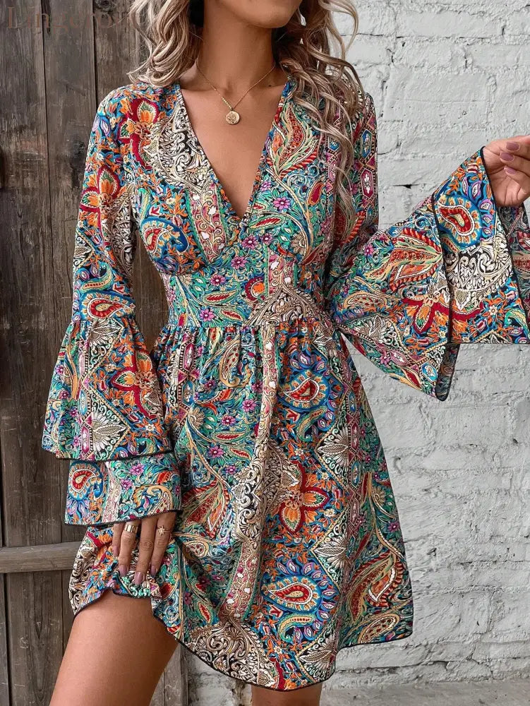 Bohemian Paisley Floral Bell Sleeve Dress