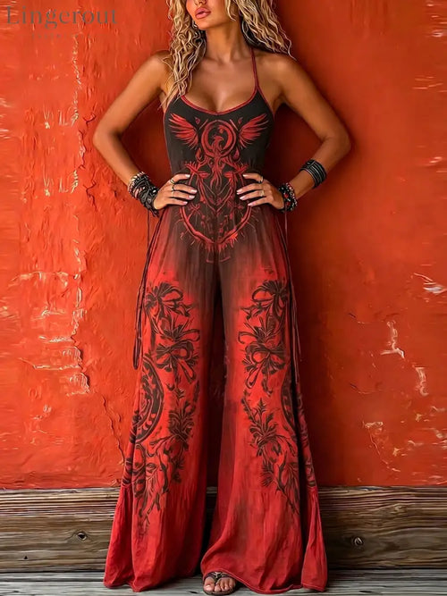 Bohemian-style Strappy Stretchy Jumpsuit - Red / S