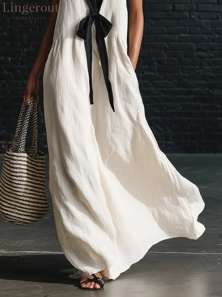 Bohemian Style White And Black Color Blocked Sleeveless V-neck Maxi Dress