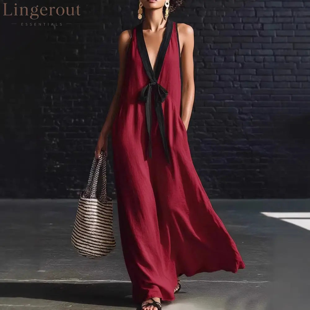 Bohemian Style White And Black Color Blocked Sleeveless V-neck Maxi Dress - Burgundy / S