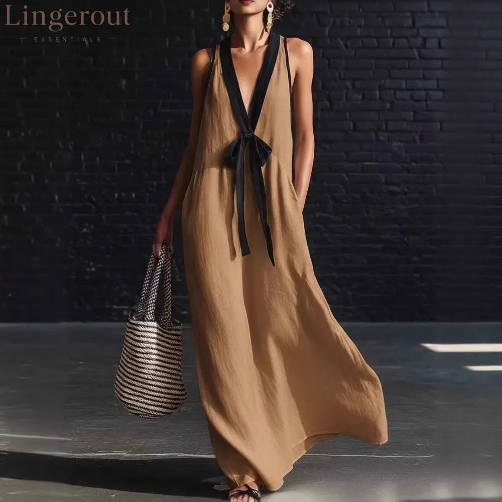 Bohemian Style White And Black Color Blocked Sleeveless V-neck Maxi Dress - Khaki / S