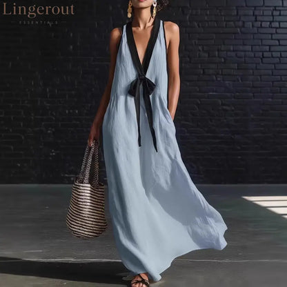 Bohemian Style White And Black Color Blocked Sleeveless V-neck Maxi Dress - Sky blue / S