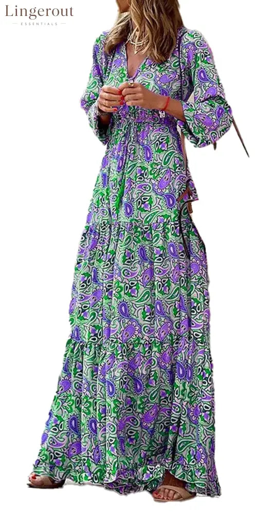 Bohemian V-Neck Autumn Dress For Fall Fashion - green / XS