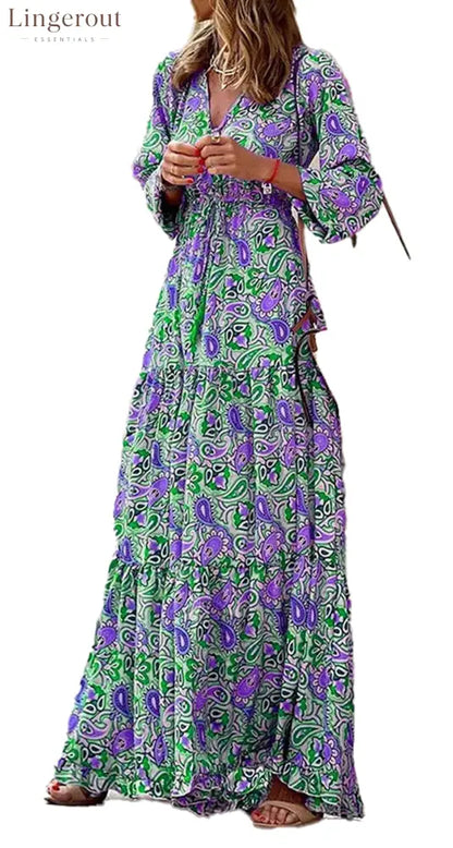 Bohemian V-Neck Autumn Dress For Fall Fashion - green / XS