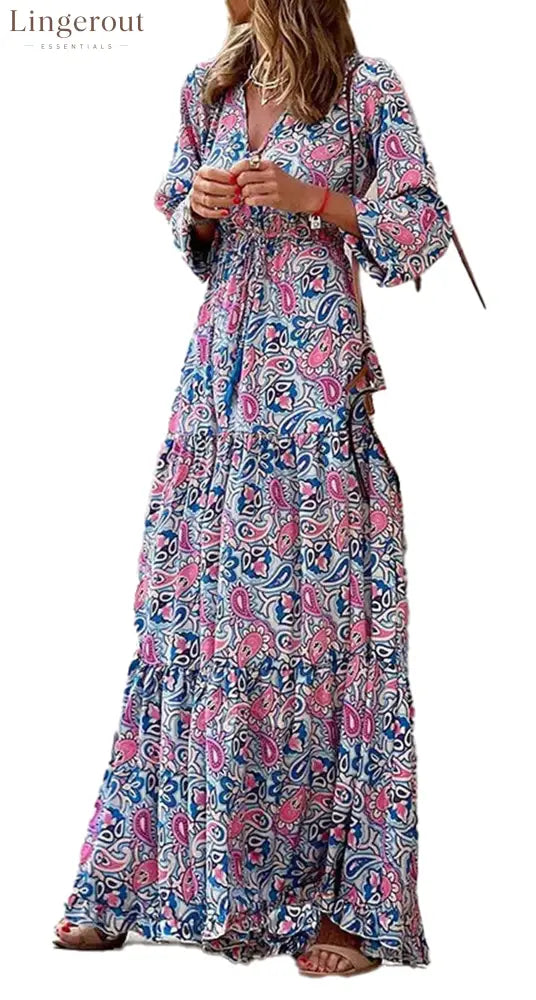 Bohemian V-Neck Autumn Dress For Fall Fashion - rose red / XS