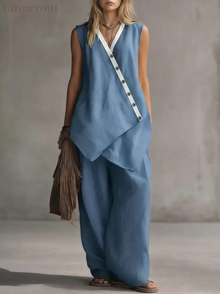 Bohemian V-Neck Irregular Button Vest Wide-Leg Pants Casual Suit - Blue / S