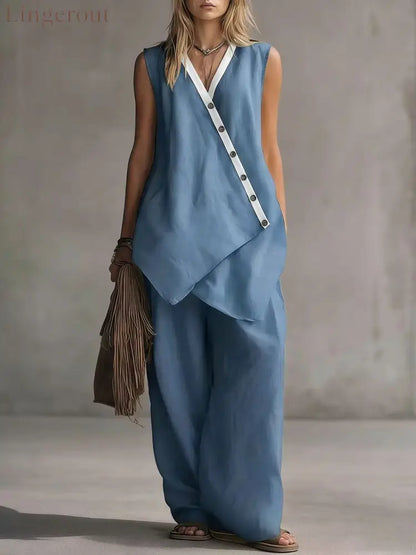 Bohemian V-Neck Irregular Button Vest Wide-Leg Pants Casual Suit - Blue / S
