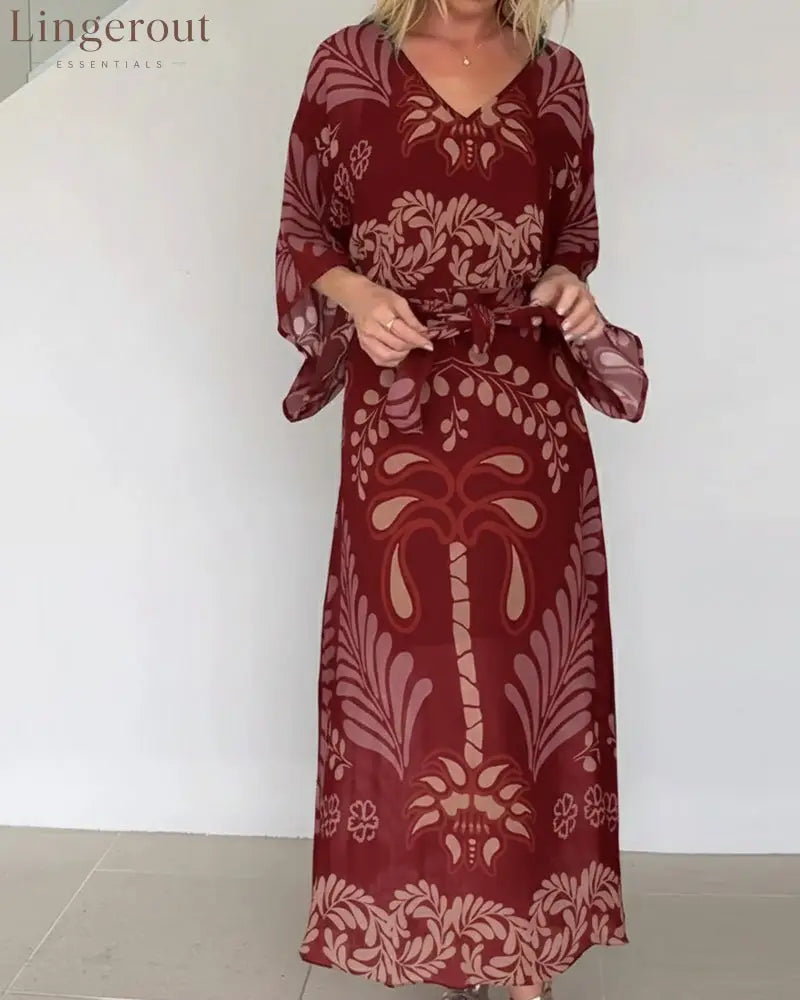 Bohemian V-Neck Loose Dress - Red / S