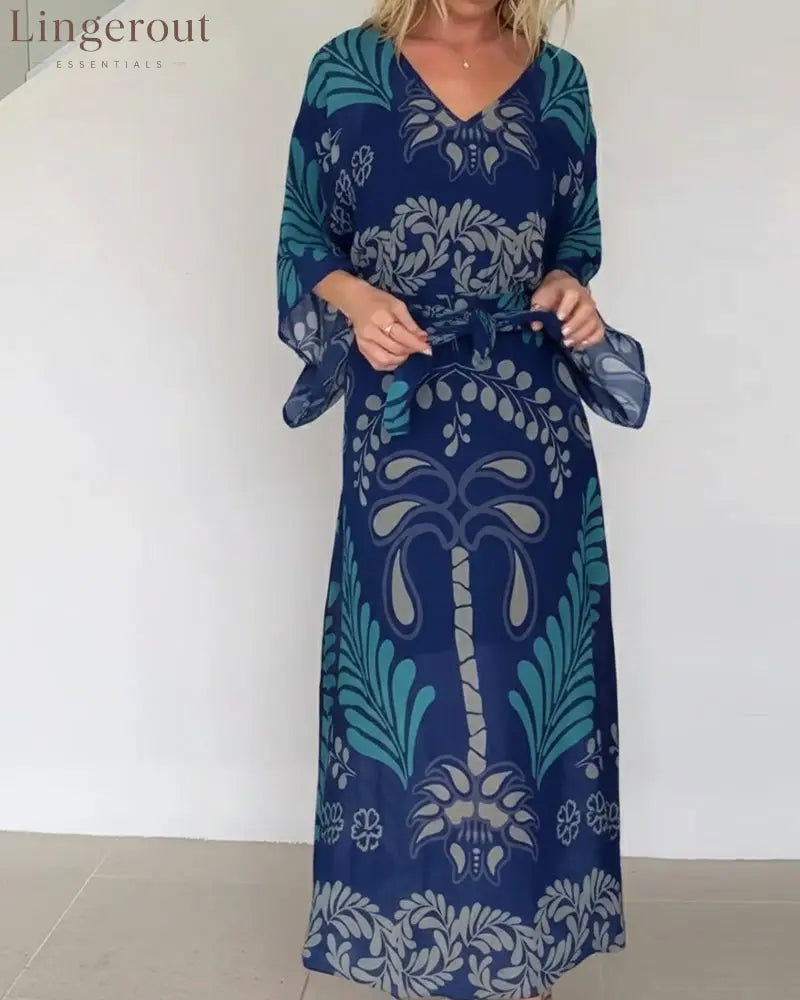 Bohemian V-Neck Loose Dress - Royal Blue / S