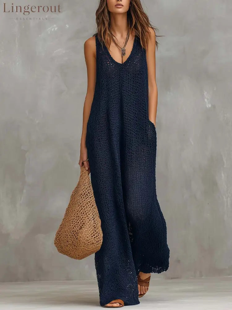 Bohemian Vacation Knitted Jumpsuit - Navy Blue / XS
