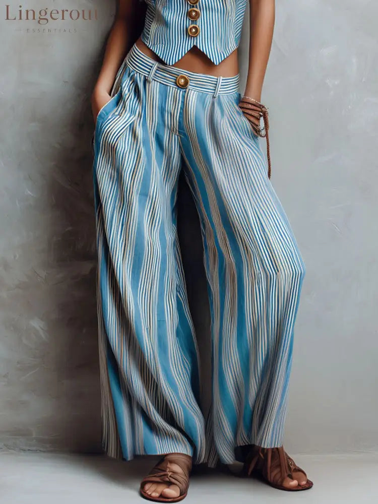 Boho Blue Striped Vest & Wide-Leg Pant Set