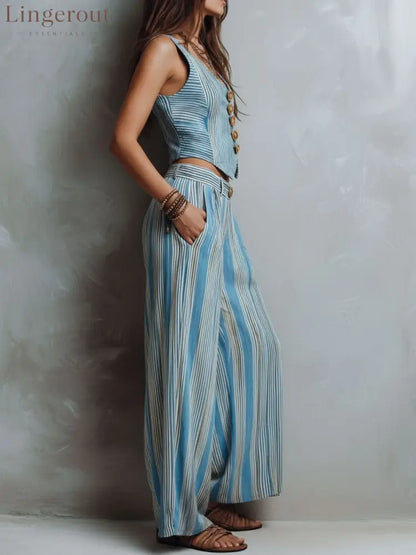 Boho Blue Striped Vest & Wide-Leg Pant Set