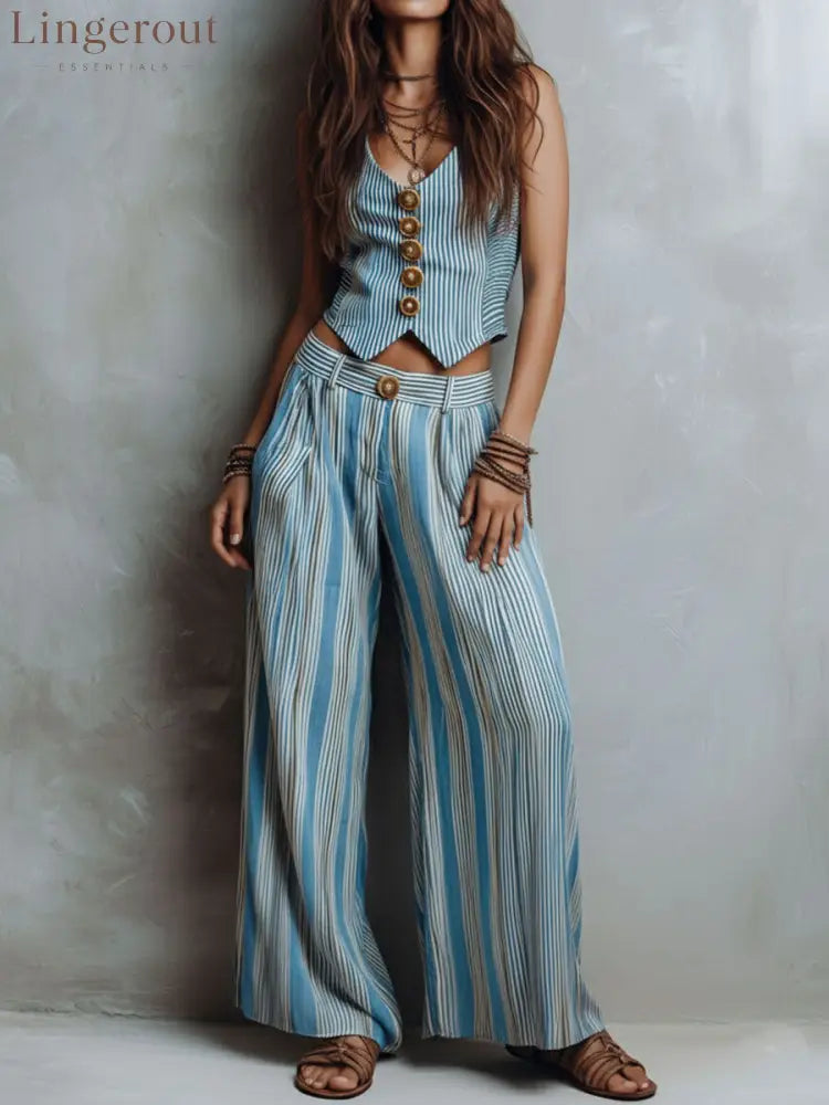 Boho Blue Striped Vest & Wide-Leg Pant Set