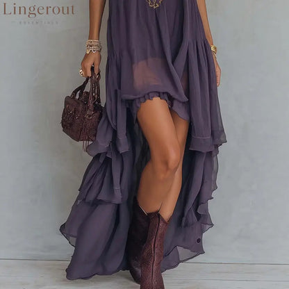 Boho Embroidered High-Low Halter Maxi Dress