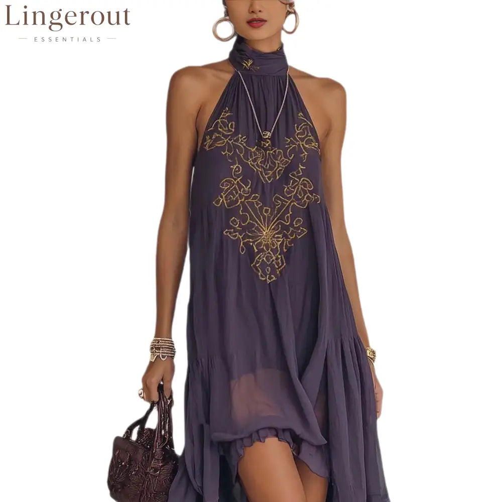 Boho Embroidered High-Low Halter Maxi Dress