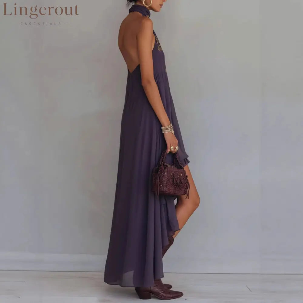 Boho Embroidered High-Low Halter Maxi Dress
