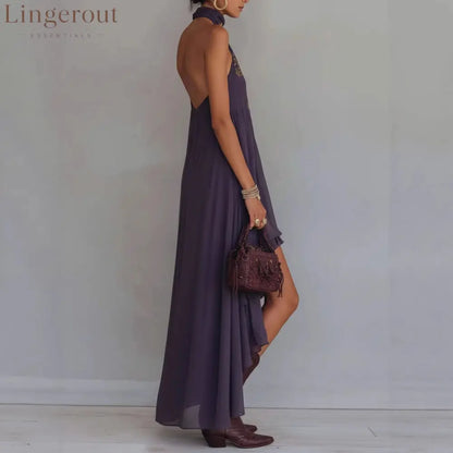 Boho Embroidered High-Low Halter Maxi Dress