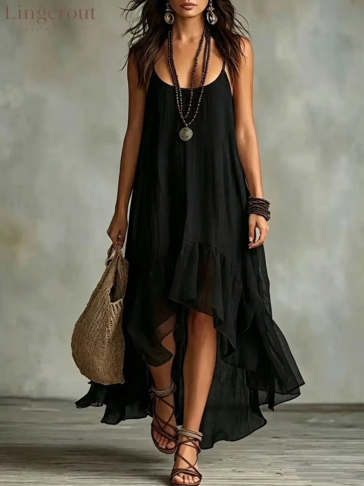 Boho Irregular Ruffle Hem Sleeveless Chiffon Maxi Dress - Black / S