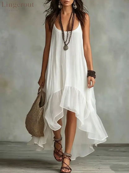 Boho Irregular Ruffle Hem Sleeveless Chiffon Maxi Dress - White / S
