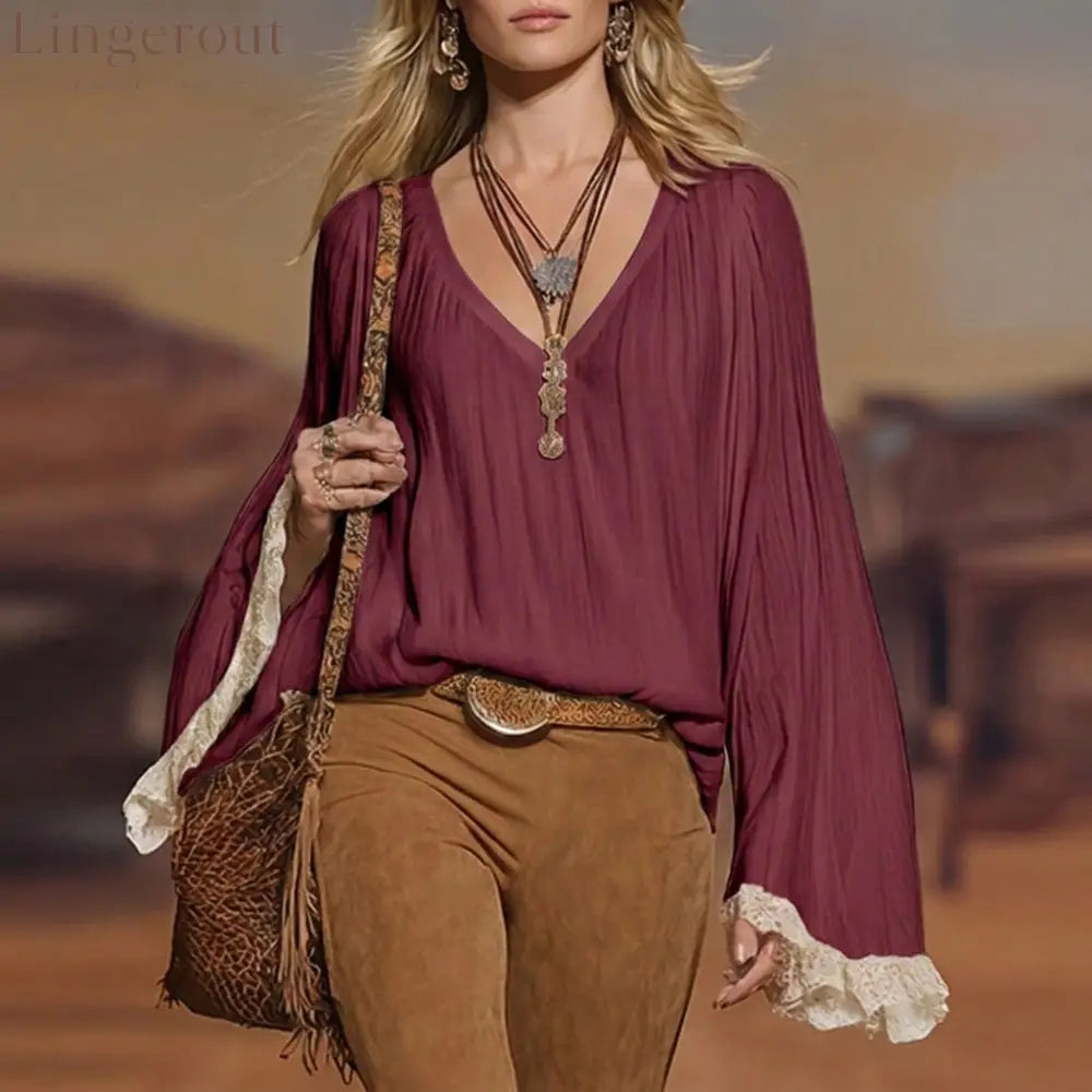 European And American Cross-Border 2026 New Autumn Women’S Shirts Bohemian V-Neck Lace Loose Long-Sleeved Tops