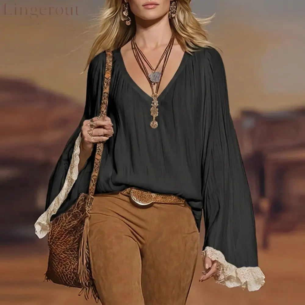European And American Cross-Border 2026 New Autumn Women’S Shirts Bohemian V-Neck Lace Loose Long-Sleeved Tops - Black