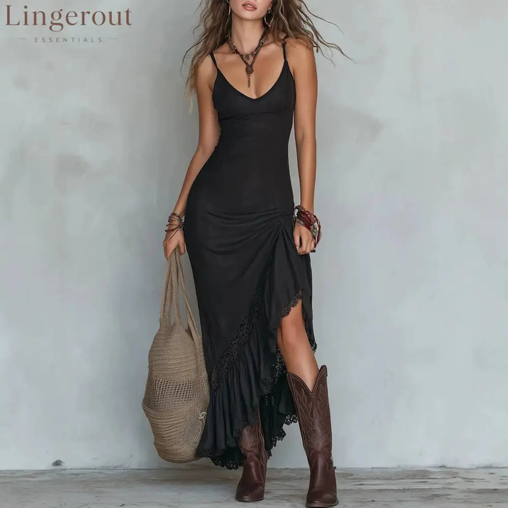 Boho Lace Trim Ruched Slit Maxi Cami Dress