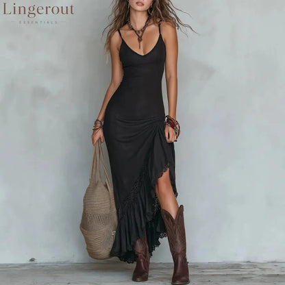 Boho Lace Trim Ruched Slit Maxi Cami Dress
