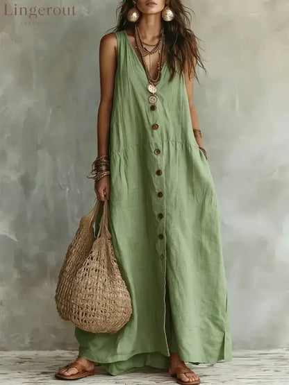 🌿 Boho Linen Maxi Dress: Effortless Summer Style - Green / S