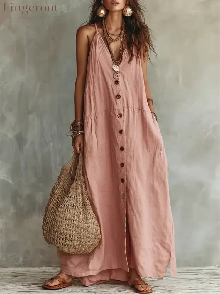 🌿 Boho Linen Maxi Dress: Effortless Summer Style - Pink / S