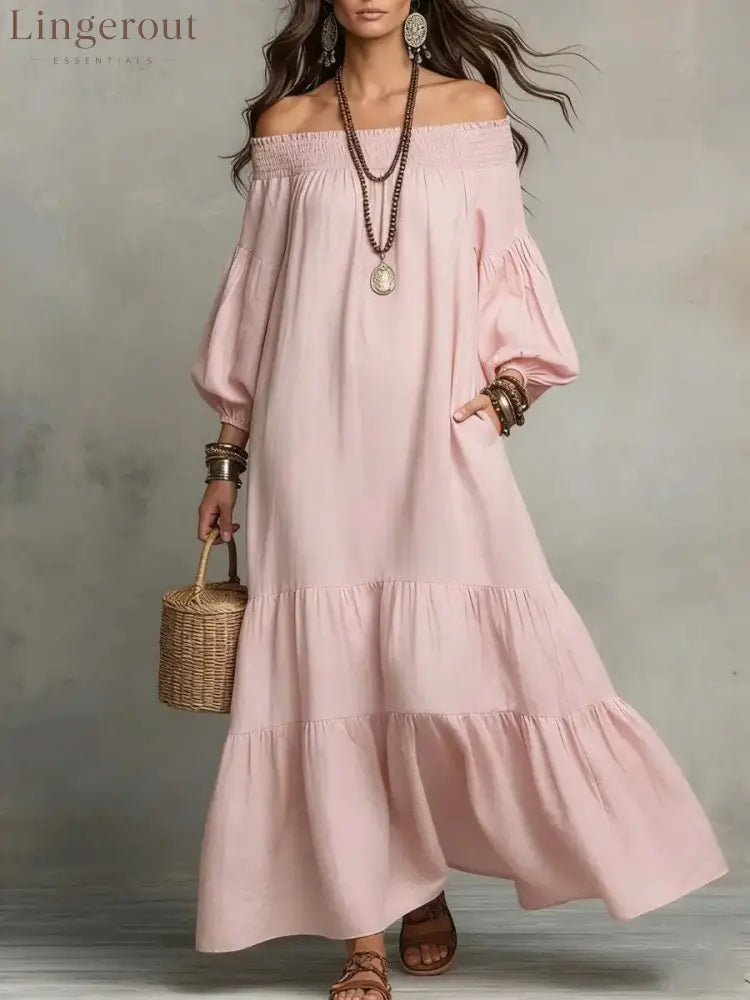 Boho Off-Shoulder Flowy Maxi Dress - Pink / S