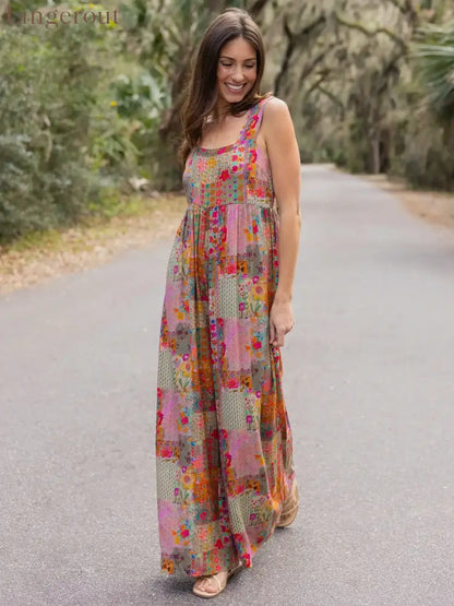 🌼 Boho Patchwork Floral Wide-Leg Jumpsuit (XL-5XL)