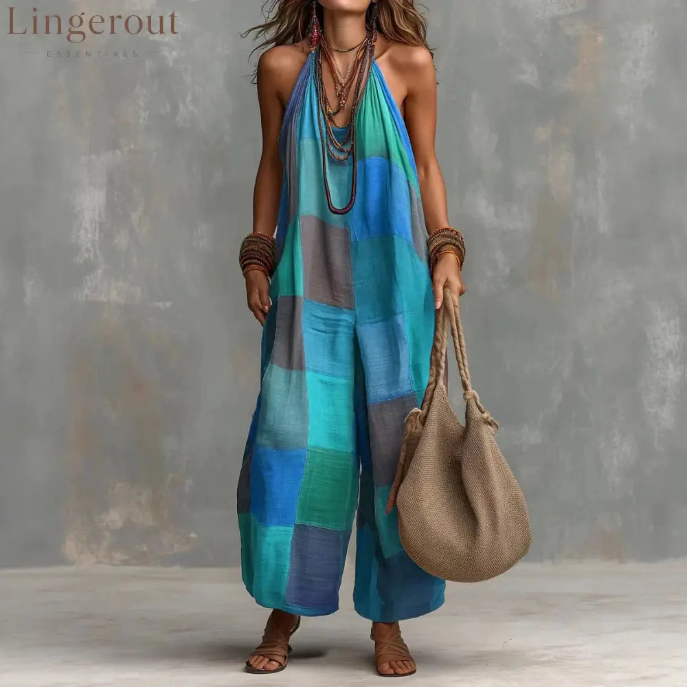 Boho Patchwork Halter Wide-Leg Jumpsuit - Blue / S