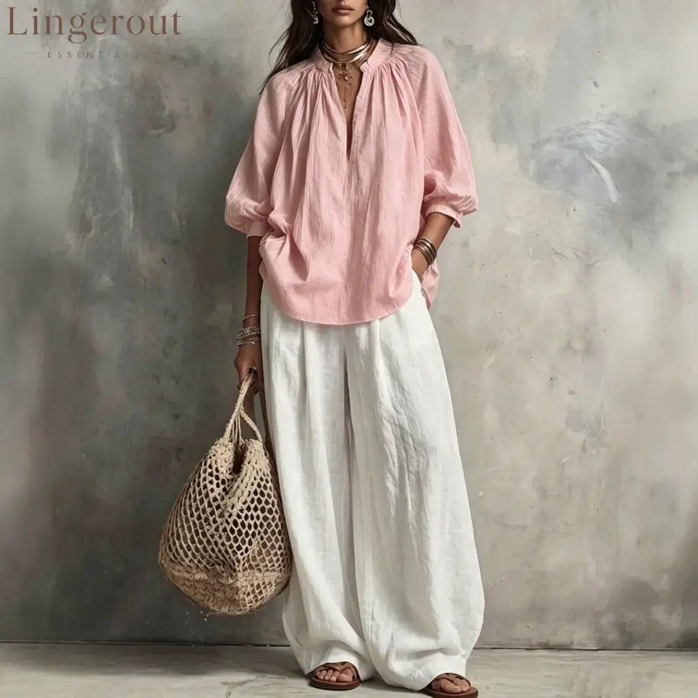 Boho Pleated Blouse & Wide‑Leg Pant Two‑Piece Set