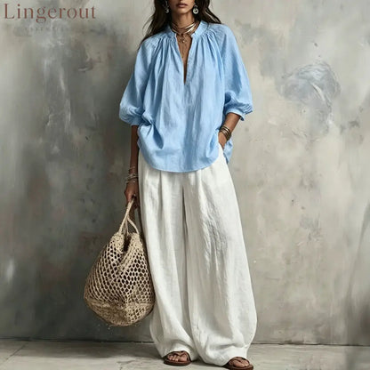 Boho Pleated Blouse & Wide‑Leg Pant Two‑Piece Set